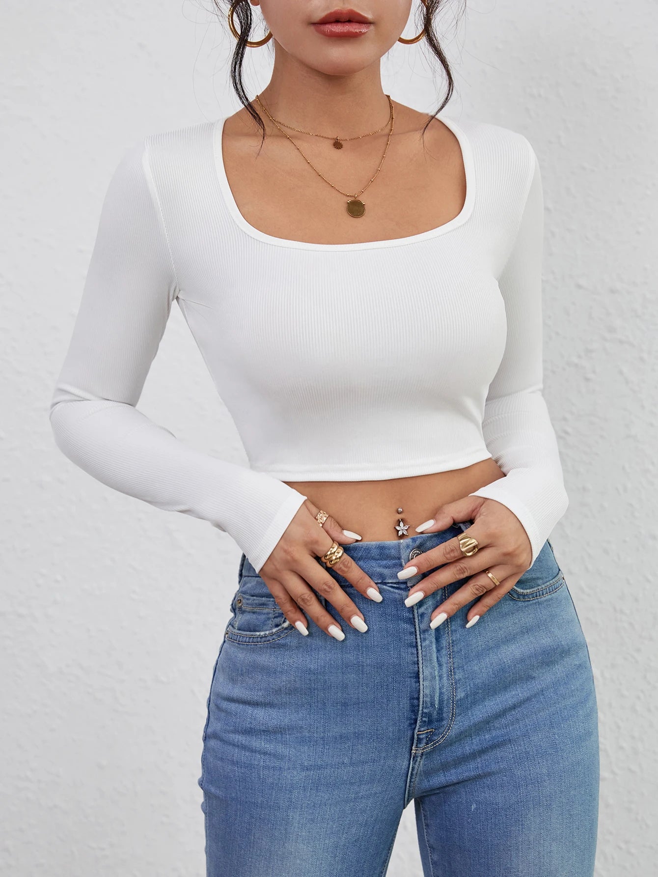 Squared Neck Cropped T-shirt, Casual Long Sleeve Solid T-shirt, Women's Clothing